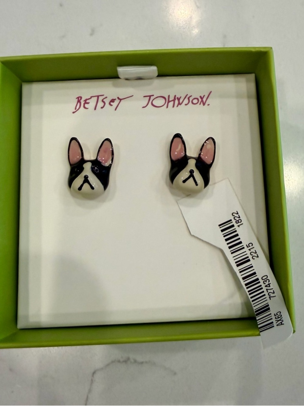 Betsey Johnson Black White and Pink French Bulldog Stud Earrings - Picture 3 of 5